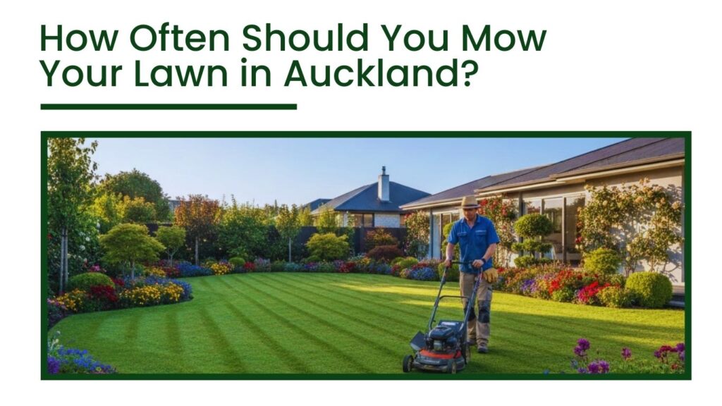 Lawn mowing service maintaining a healthy green lawn at a residential home in Auckland, New Zealand