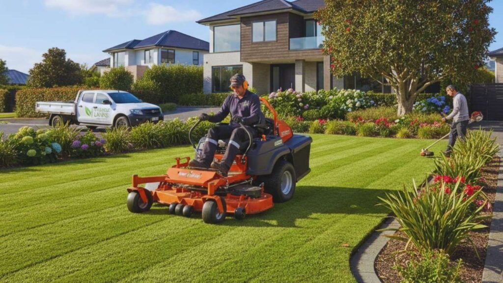 Professional lawn mowing service in Auckland residential garden using commercial ride-on mower with neat lawn edging