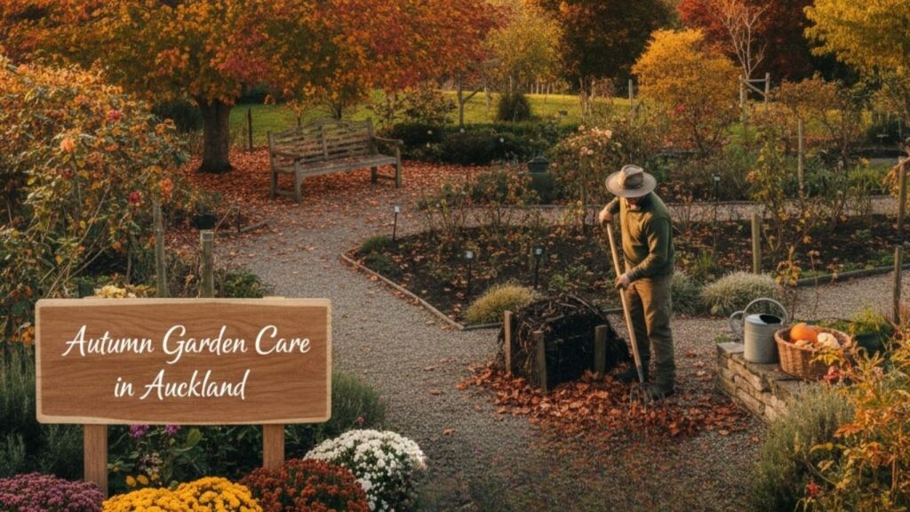 Autumn Garden Care in Auckland with gardener clearing fallen leaves in a beautiful seasonal garden
