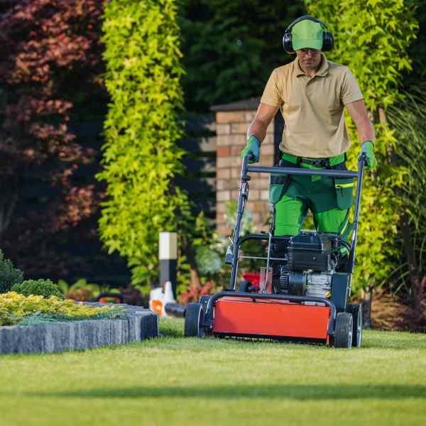 Professional lawn mowing specialist cutting a residential lawn using a powered mower, delivering lawn Mowing services in North Auckland
