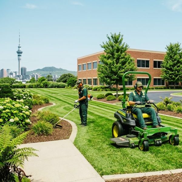 Commercial lawn mowing and grounds maintenance service in Auckland with workers using ride-on mower and trimmer in landscaped business park