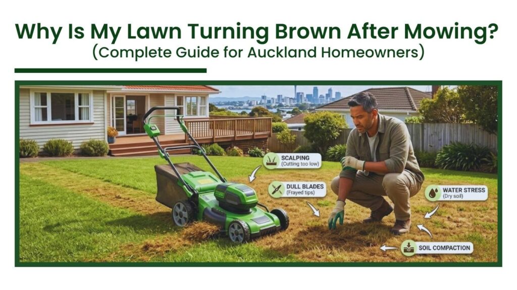 Brown lawn after mowing in Auckland showing common causes like scalping, dull mower blades, water stress, and soil compaction