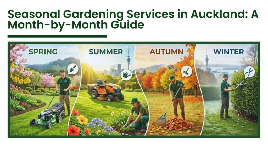Seasonal gardening services in Auckland showing spring lawn mowing, summer planting, autumn leaf cleanup, and winter hedge trimming.