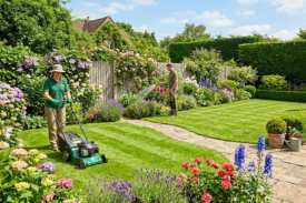 Professional gardeners mowing lawn, watering plants, and trimming hedges during regular garden maintenance in a landscaped residential garden.