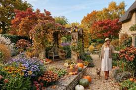 Beautiful autumn garden with colorful fall foliage, seasonal flowers, pumpkins, and a homeowner walking through a well-maintained landscaped garden.