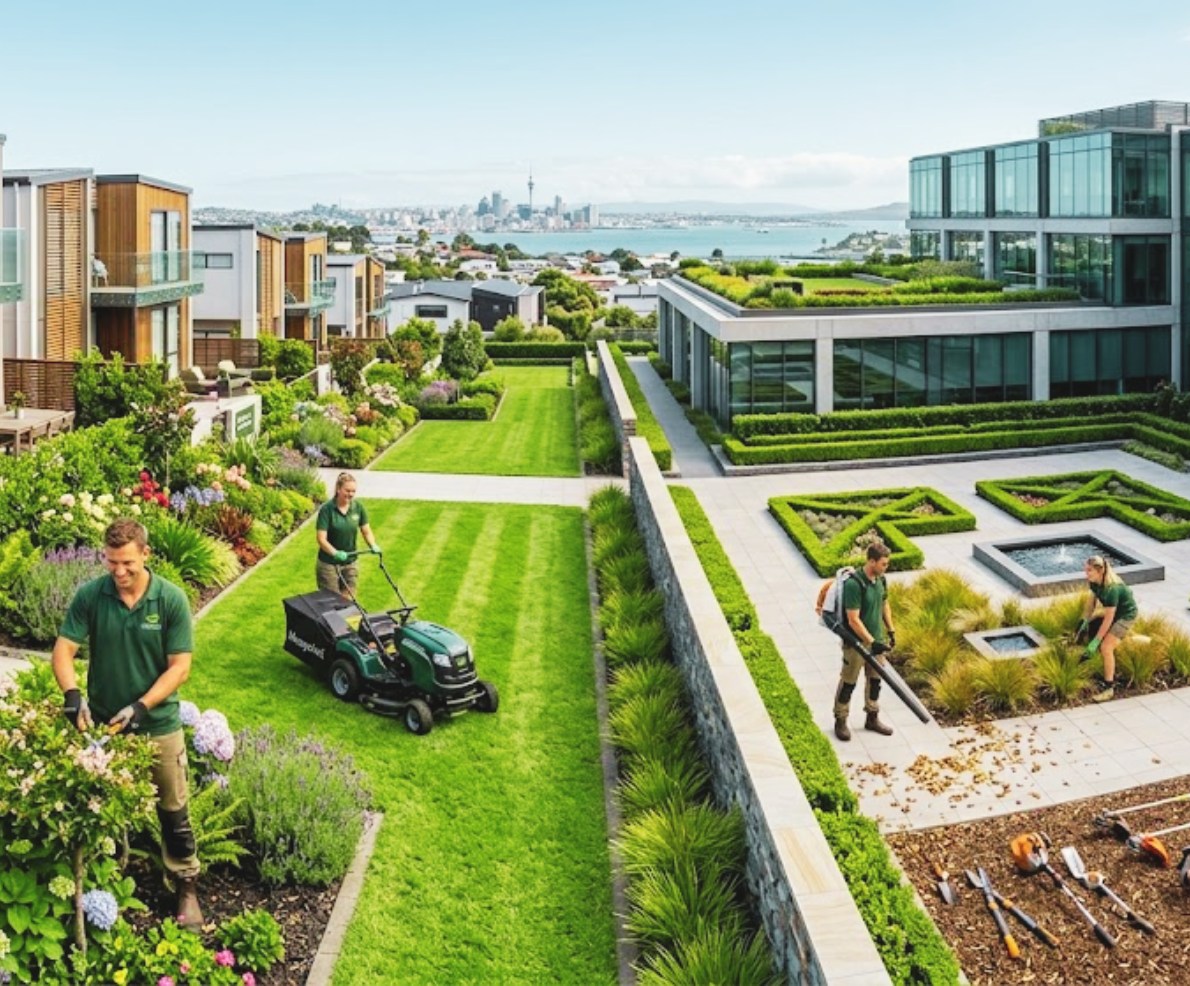 Professional landscaping team maintaining modern residential gardens in Auckland, including lawn mowing, planting, hedge trimming, and outdoor maintenance in a luxury housing area.