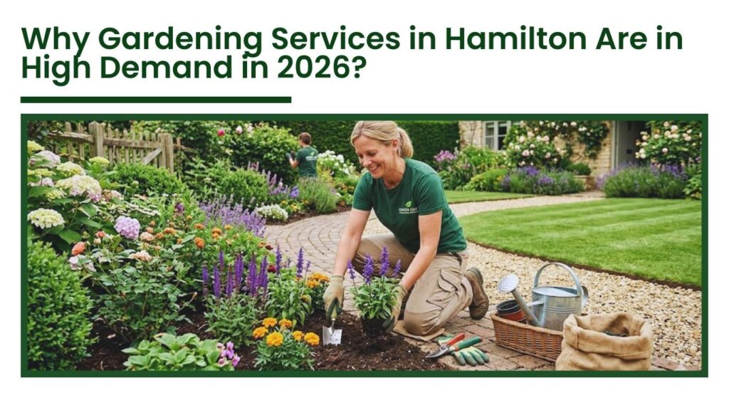 Professional gardener planting colorful flowers in a landscaped backyard garden, representing reliable gardening services in Hamilton for lawn care and garden maintenance.