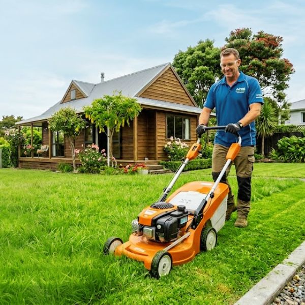 Man mowing a residential lawn in front of a modern house in Auckland.