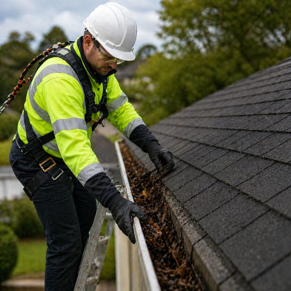 Professional gutter cleaning technician wearing safety gear and removing leaves and debris from a residential roof gutter using a ladder.