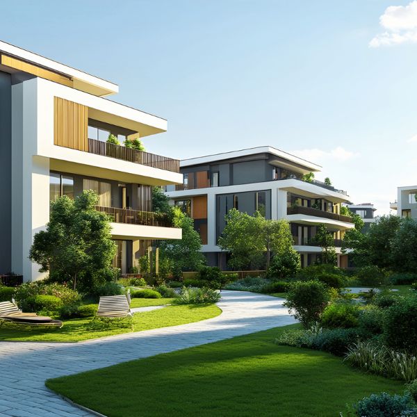 Well-maintained green lawn and landscaped residential property with modern homes in Auckland.