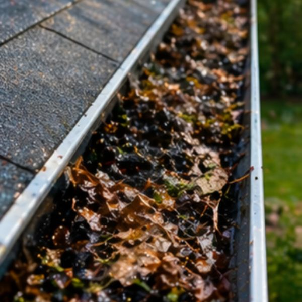 Clogged roof gutter filled with wet leaves and debris causing water blockage