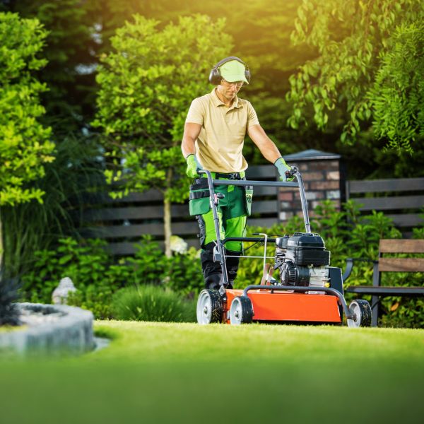 Professional gardener mowing a lush residential lawn with equipment in Auckland