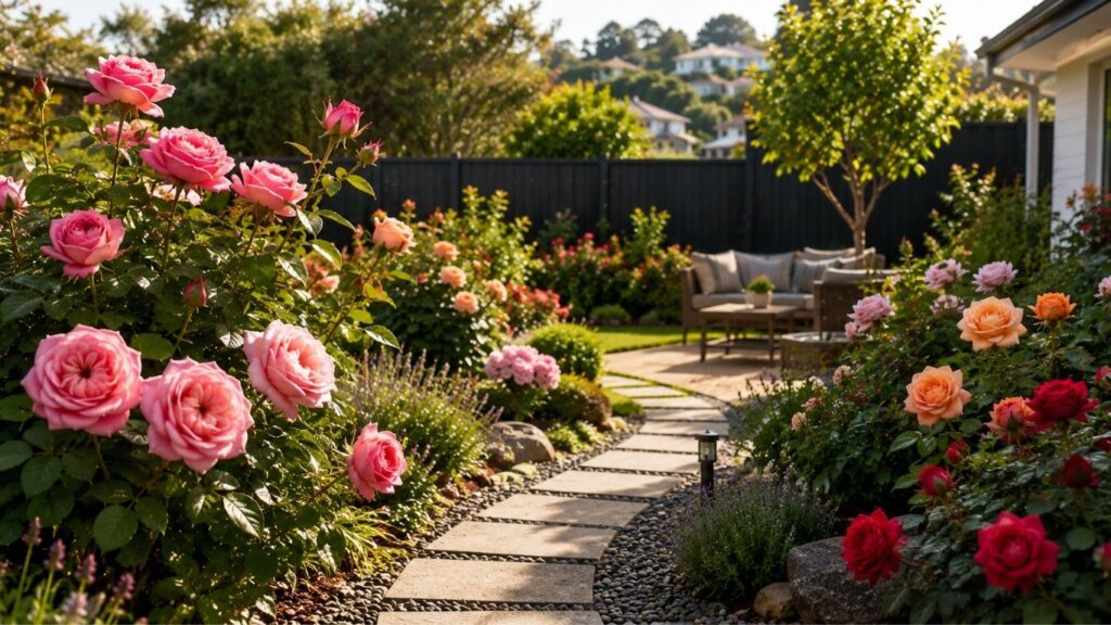Low-maintenance garden design in Auckland with blooming roses, stone pathway, and landscaped seating area.