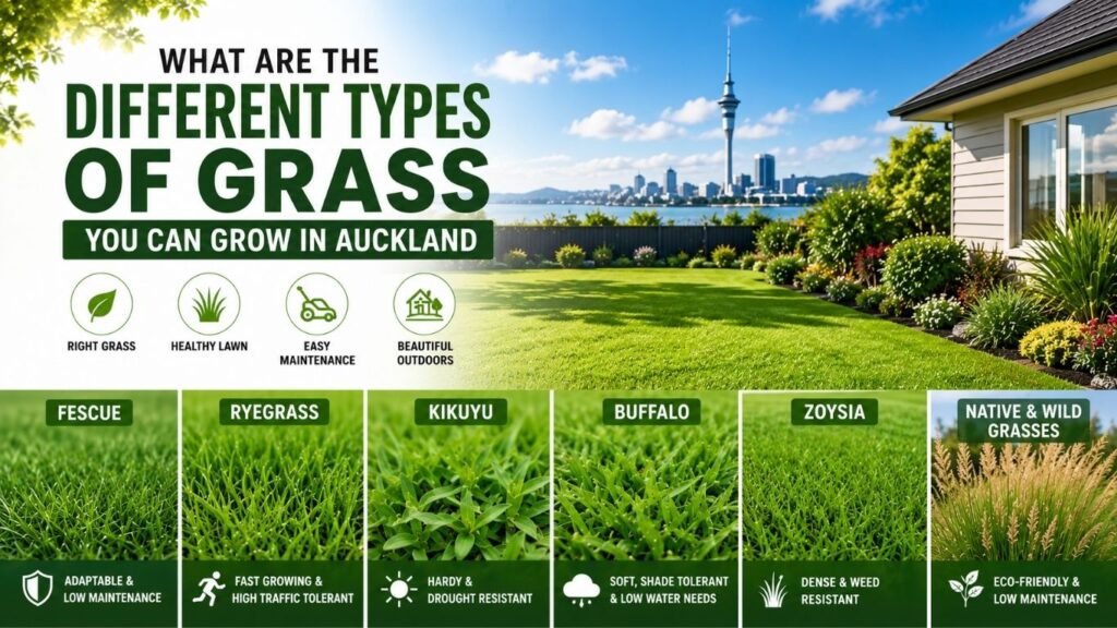 Different types of grass you can grow in Auckland including fescue, ryegrass, kikuyu, buffalo, zoysia, and native grasses for healthy lawns