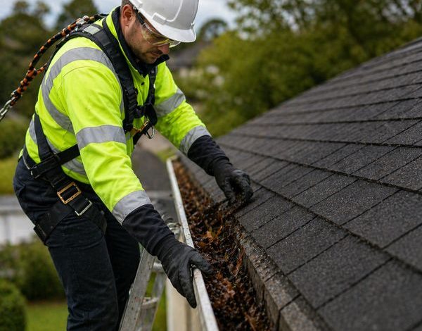 Professional gutter cleaning technician wearing safety gear and removing leaves and debris from a residential roof gutter using a ladder.