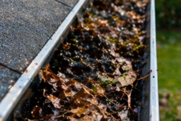 Clogged roof gutter filled with wet leaves and debris causing water blockage
